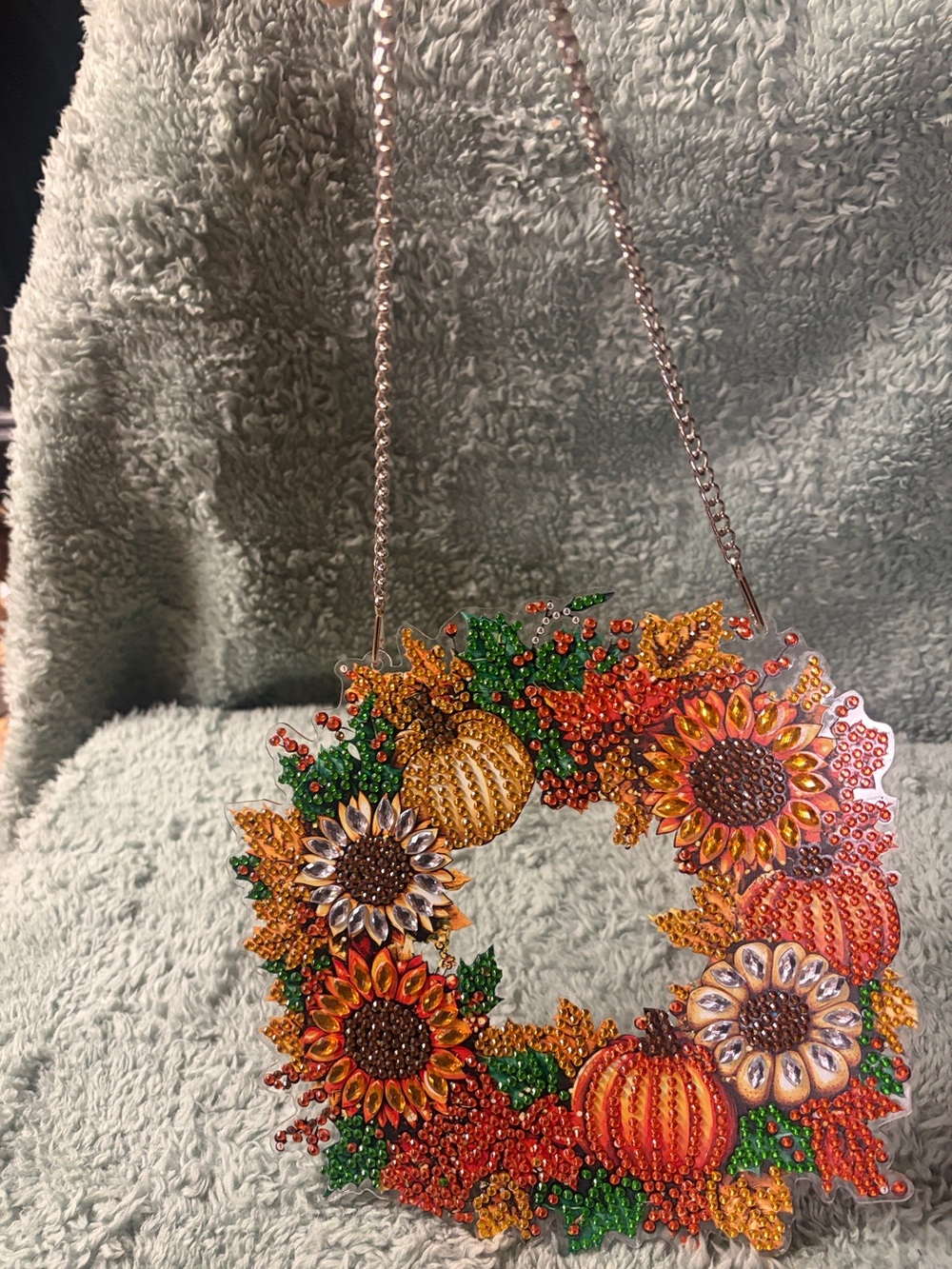 Autumn Sunflower & Pumpkin Wreath Sun Catcher - Orange, Green, Gold